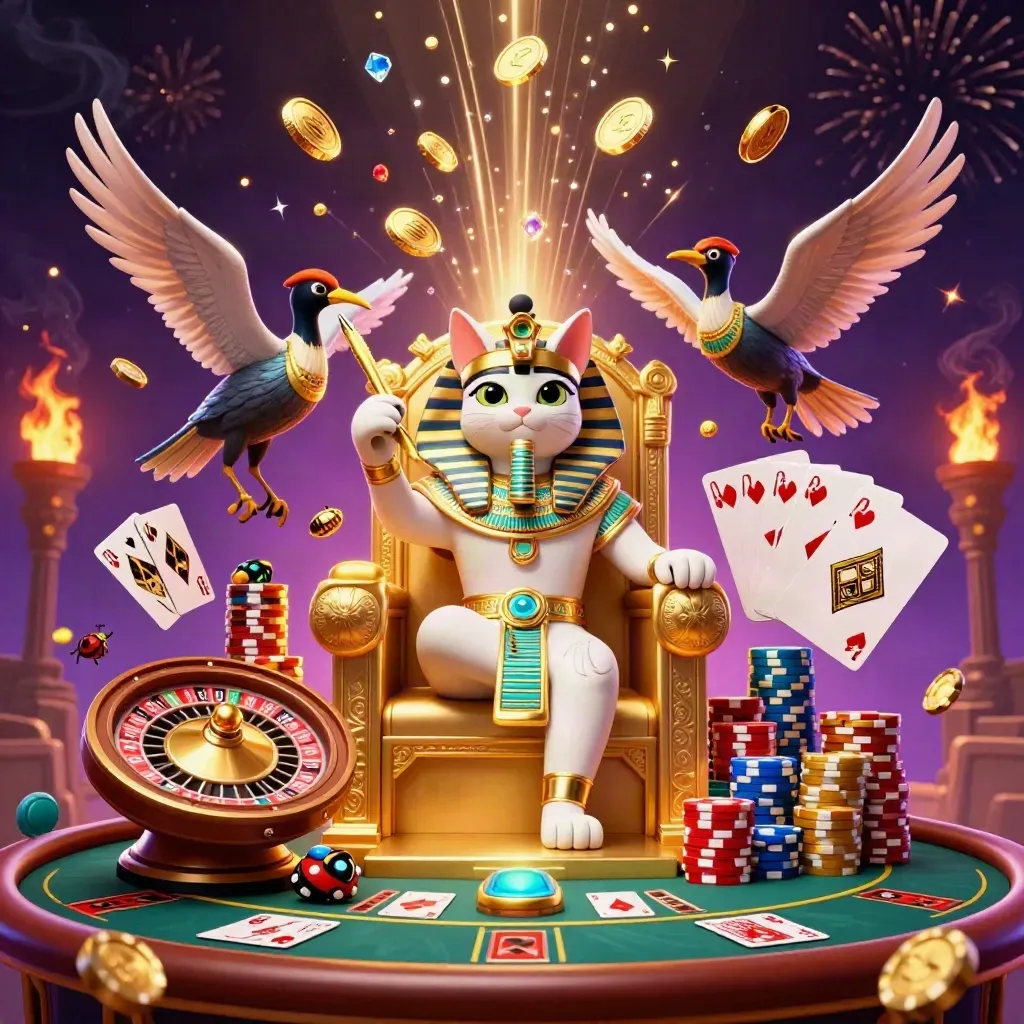 Pharaoh cat on throne with ibis scribe and scarab beetles amid casino coins and neon glow
