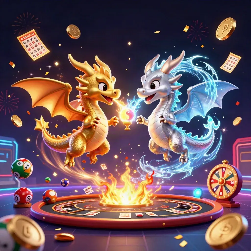 Two dragon mascots swirl in a casino celebration with coins, wheels, cards, fireworks, and neon glow.