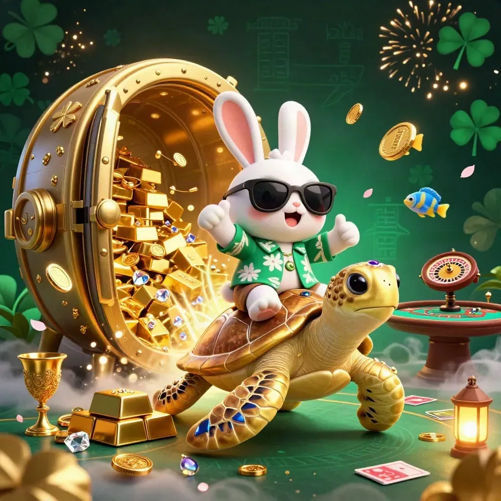 Rabbit in sunglasses rides a gold turtle amid vault treasure, coins, fireworks, and casino props.