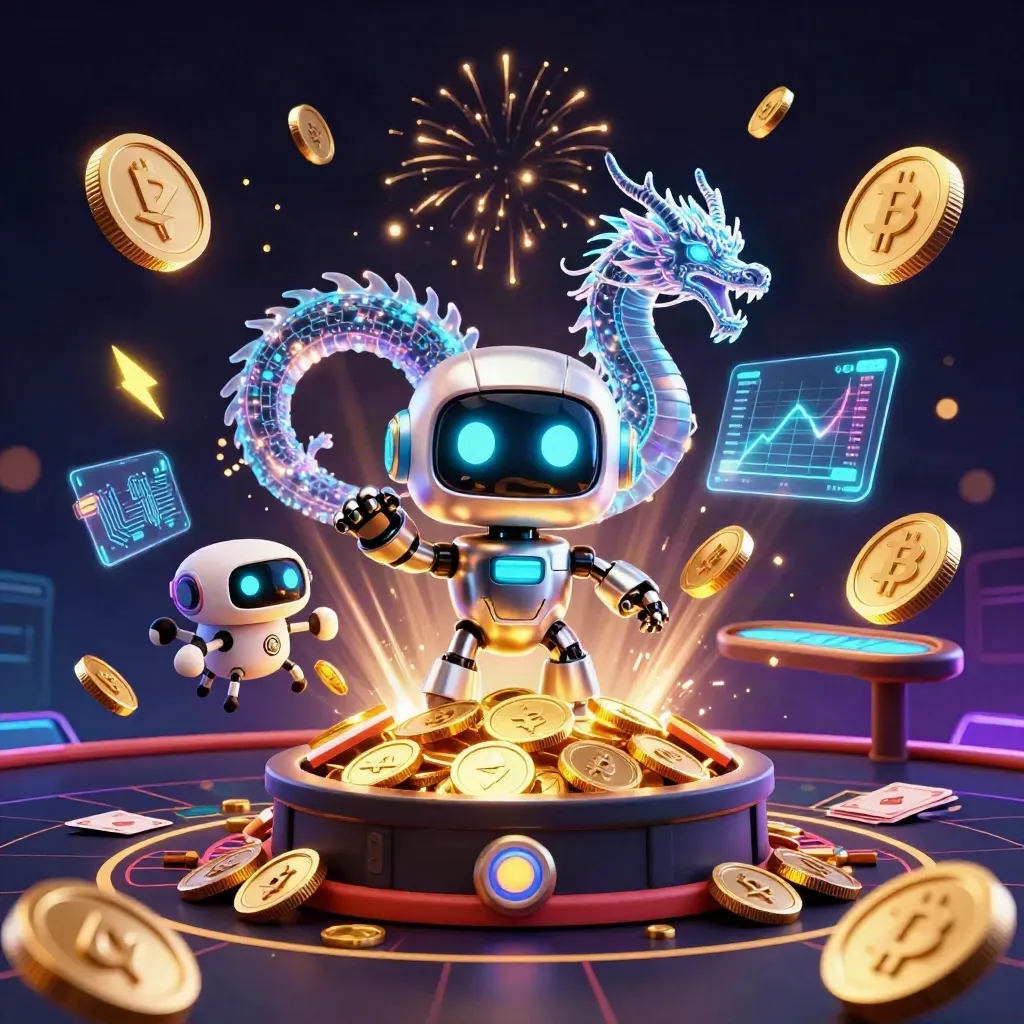 Cyberpunk robot, holographic dragon and coin drone amid vault gold, casino cards, and glowing coins.
