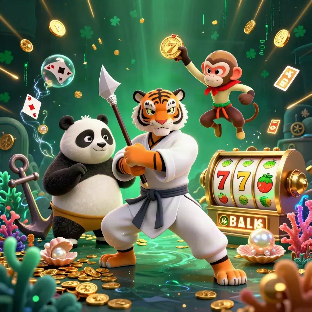 Kung-fu tiger, panda and monkey amid pearls, coins and neon casino treasures
