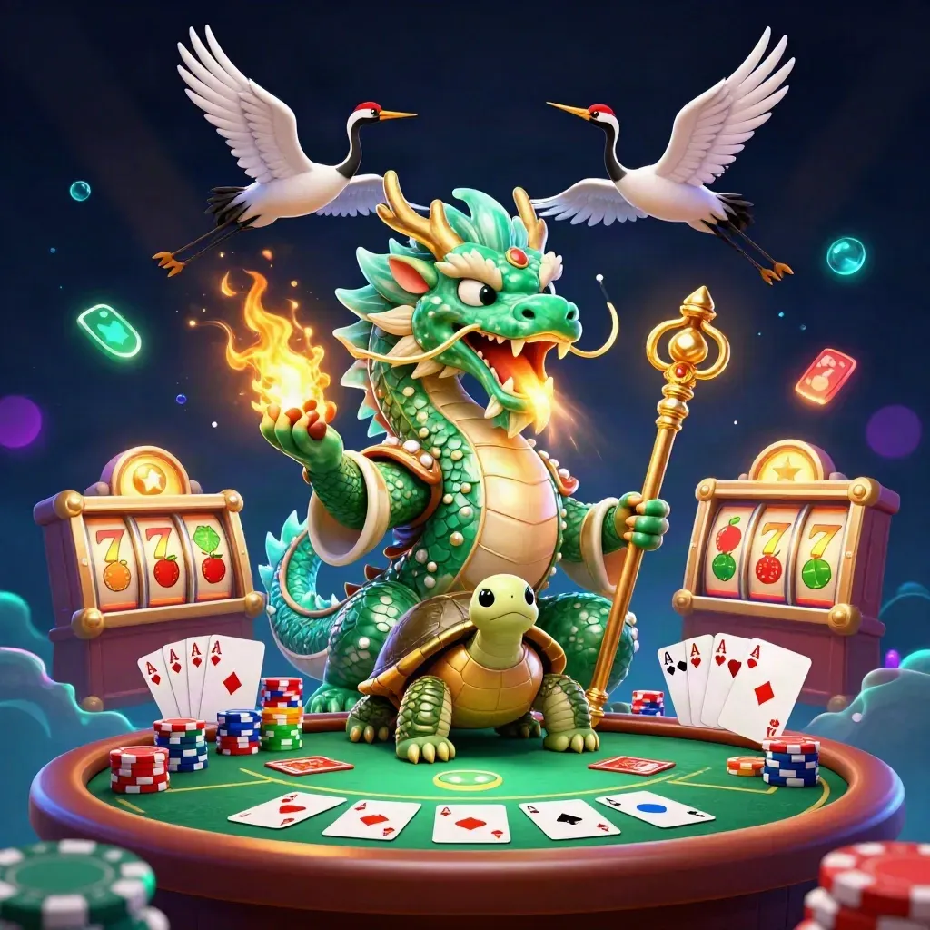 Emerald dragon, turtle sage and cranes amid casino cards, chips, reels and glowing fire