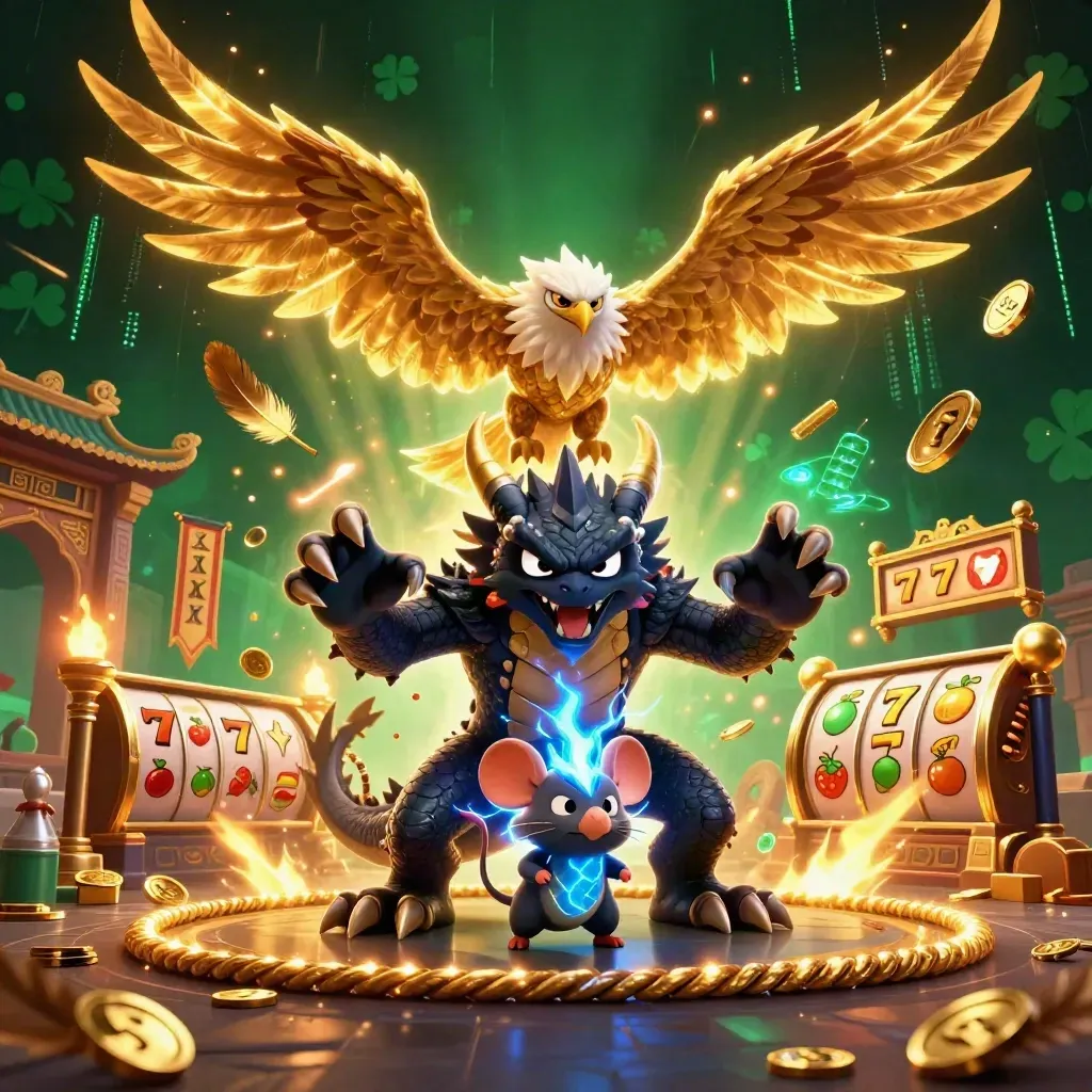 Thunder dragon, glowing hawk and static mouse amid gold coins, temple gate and neon casino energy.