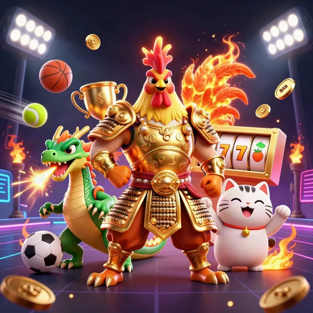 Rooster samurai, spark-breathing dragon hatchling and fortune-cat amid casino icons on a dark neon grid.