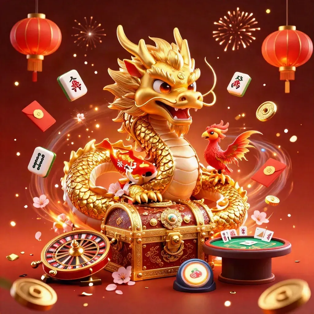 Golden dragon with phoenix, koi, and casino icons glowing on a dark ember background.