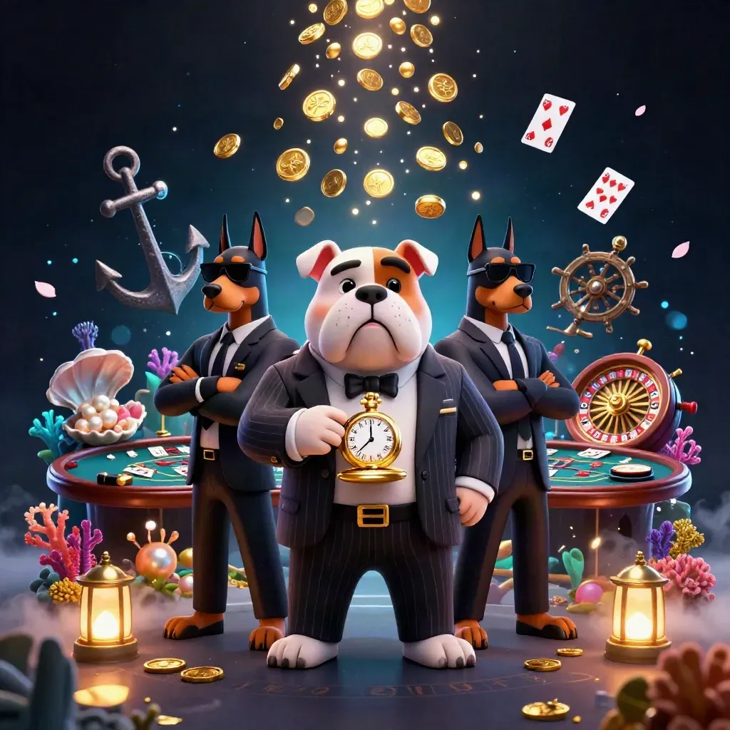 Bulldog mafia boss with two Dobermans amid casino treasure, cards, coral, coins, and neon glow.
