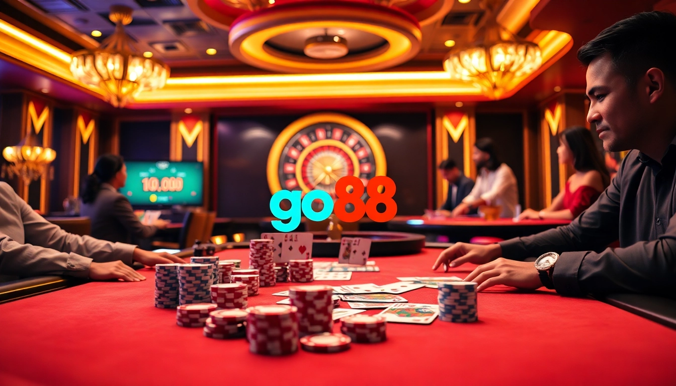 GO88 gamblers strategizing at a high-end casino table with cards and chips.