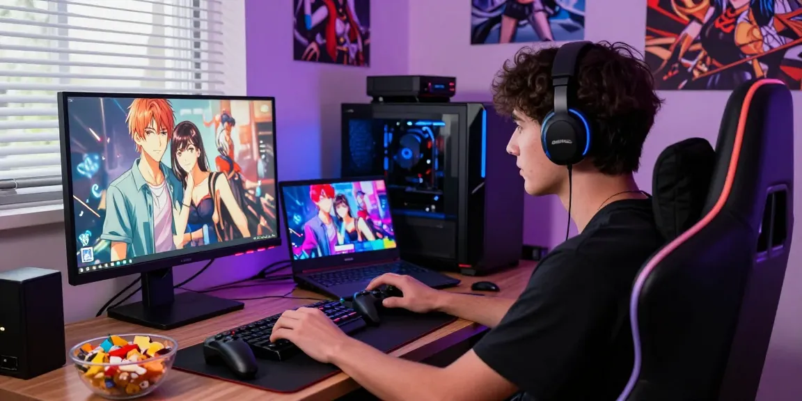 Engaged player exploring degrees of lewdity in an immersive gaming setup showcasing colorful graphics and modern equipment.