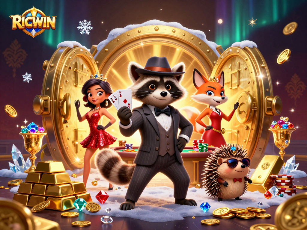 Join the fun at RICWIN with a captivating scene of a suave raccoon and friends enjoying casino games.