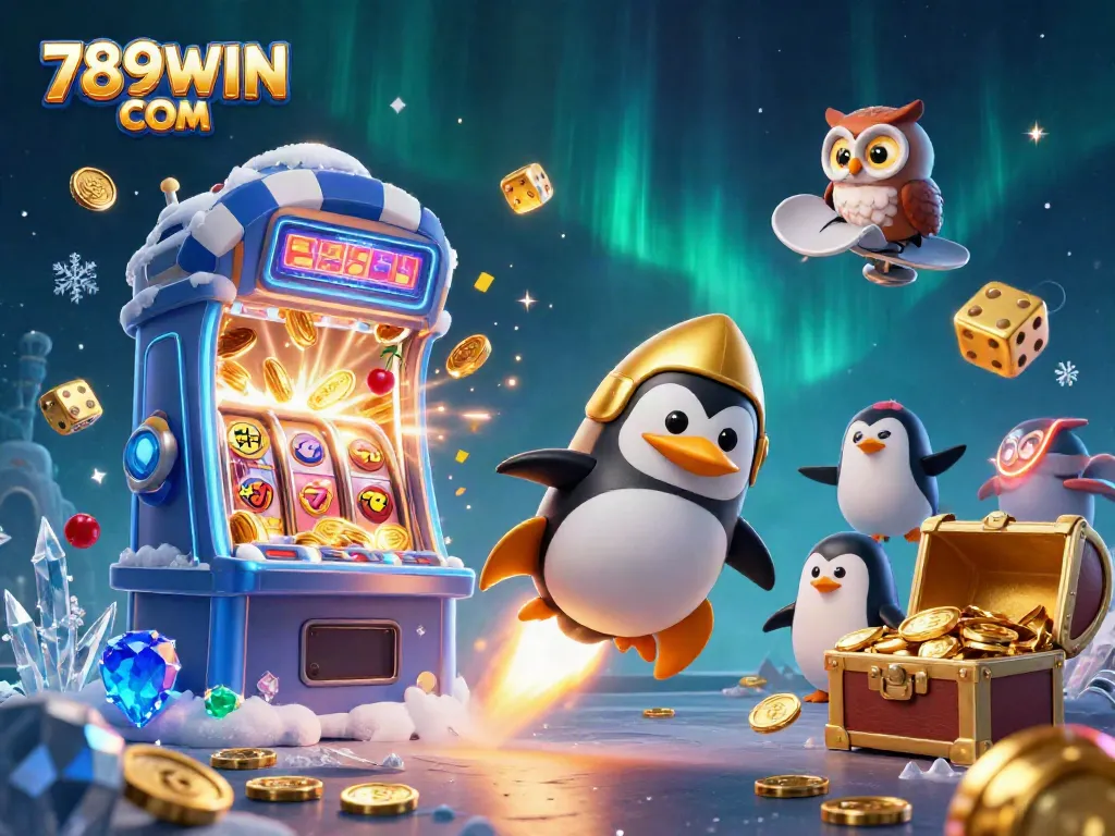 Experience thrilling gaming action with 789WIN COM as the golden penguin rockets through a cosmic casino adventure