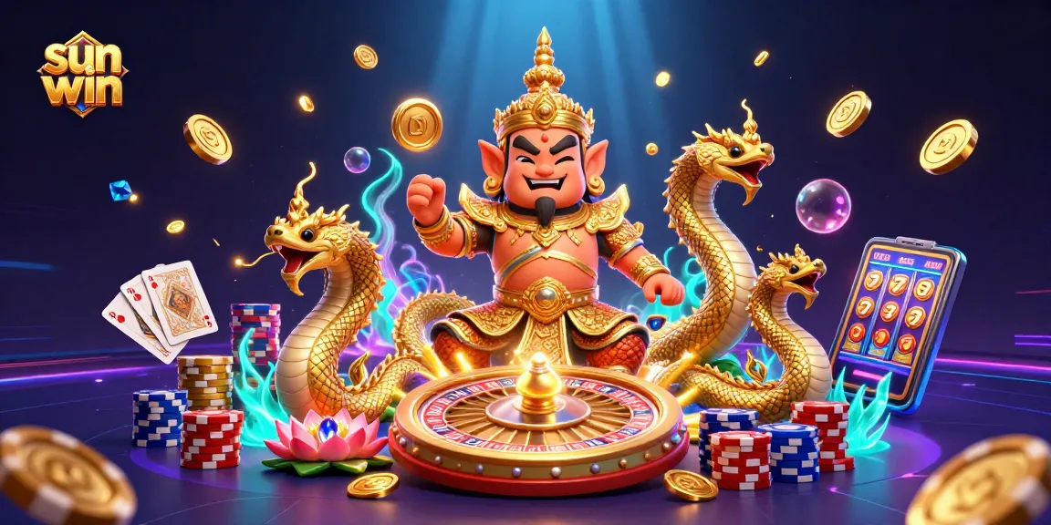Immerse yourself in sun win with an enchanting illustration of a Thai guardian and Naga companions in a vibrant casino setting.