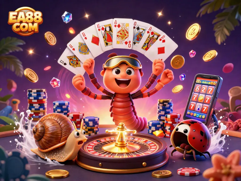 Pile chips and colorful cards at EA88 COM casino, showcasing an exciting dealer scene.