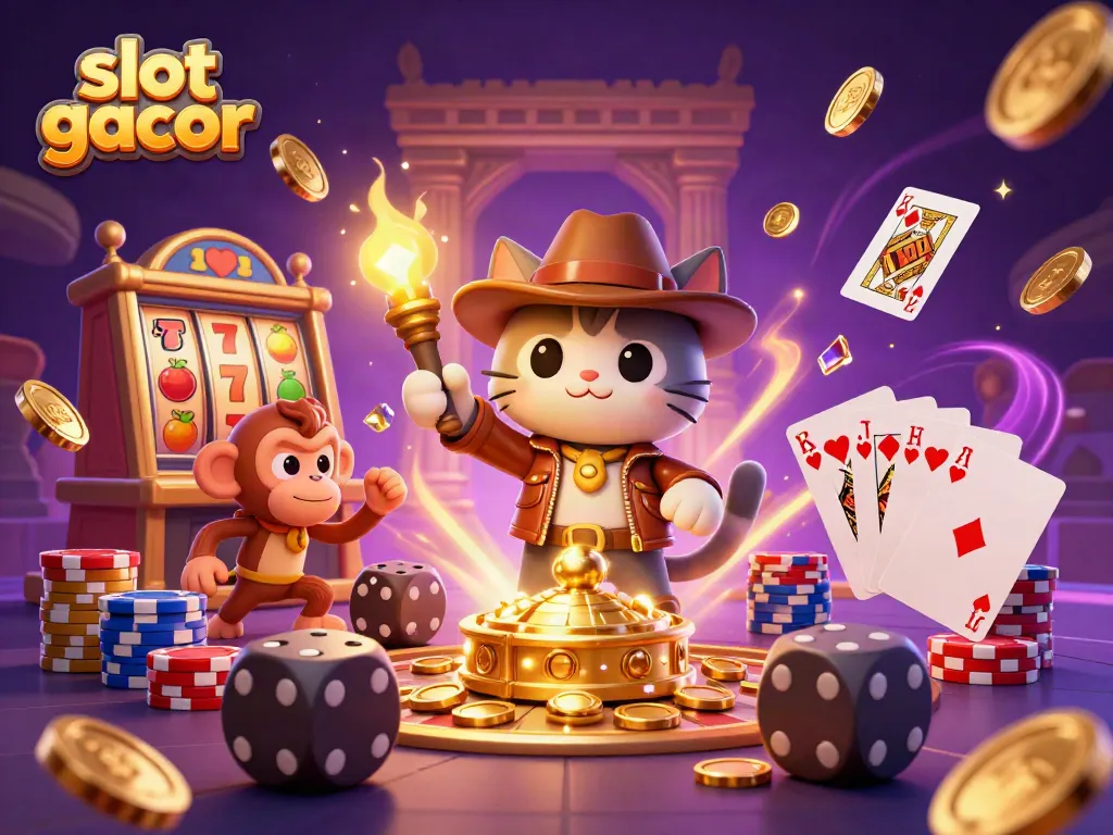 Engaging 3D scene showcasing slot gacor adventures with an explorer cat and treasure elements.