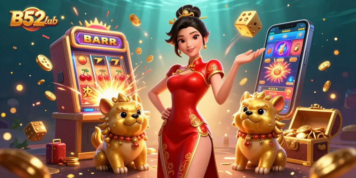 B52club showcases a glamorous Asian woman celebrating a jackpot with fireworks and lively casino elements.
