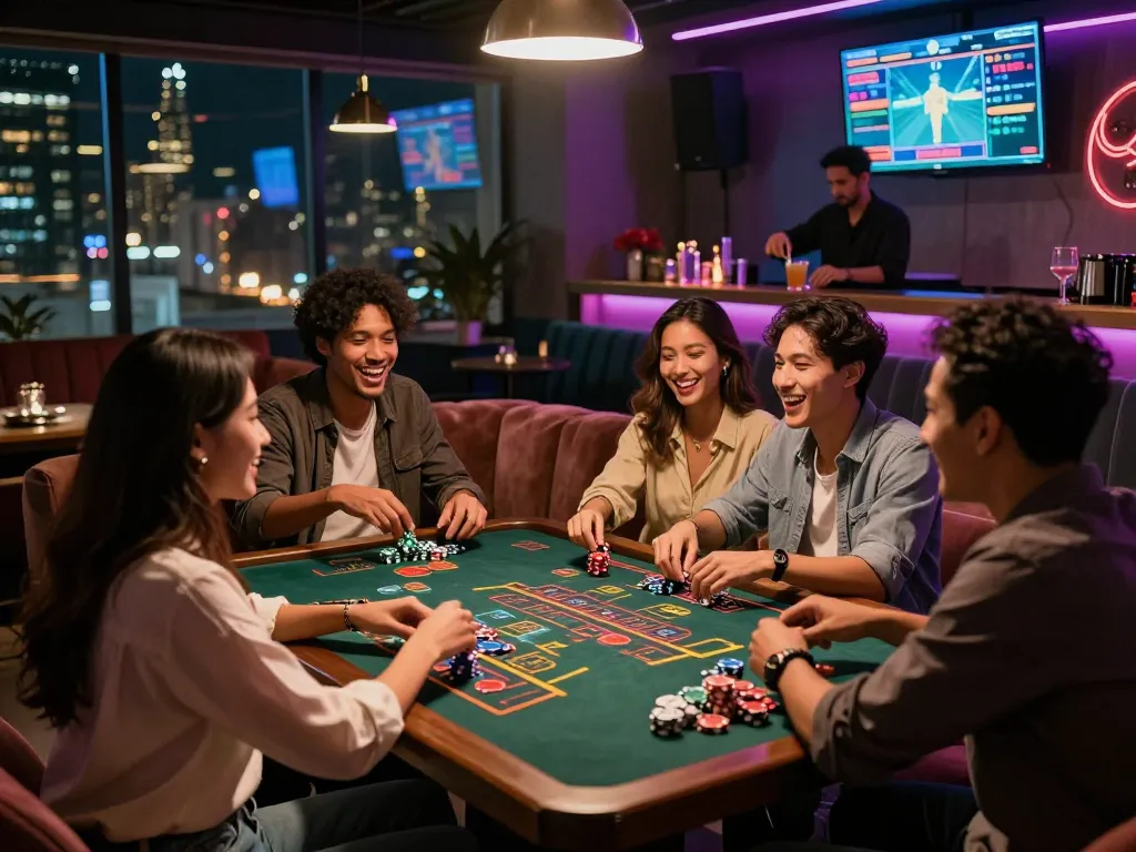 A vibrant betting scene at rikbet lounge, friends enjoying a game with neon lights.