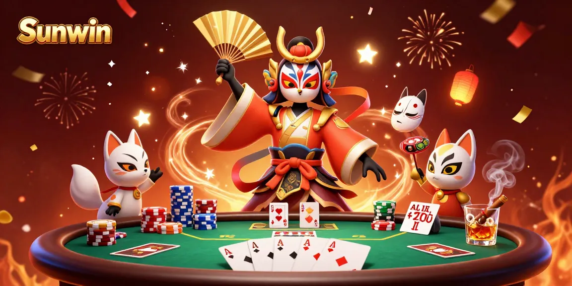 Experience thrilling poker dynamics at Sunwin Casino illustrated with vibrant characters and rich elements.