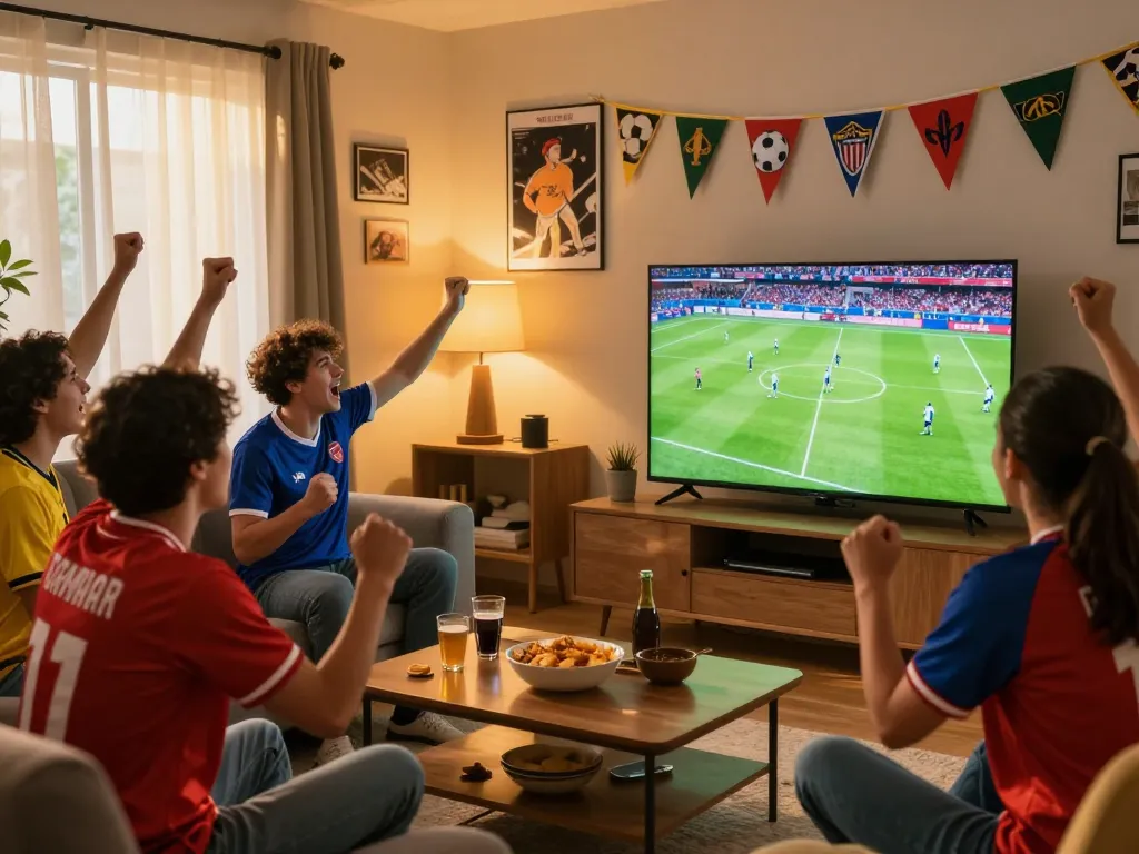 Friends cheering while watching ดูบอล in a lively living room during a match.