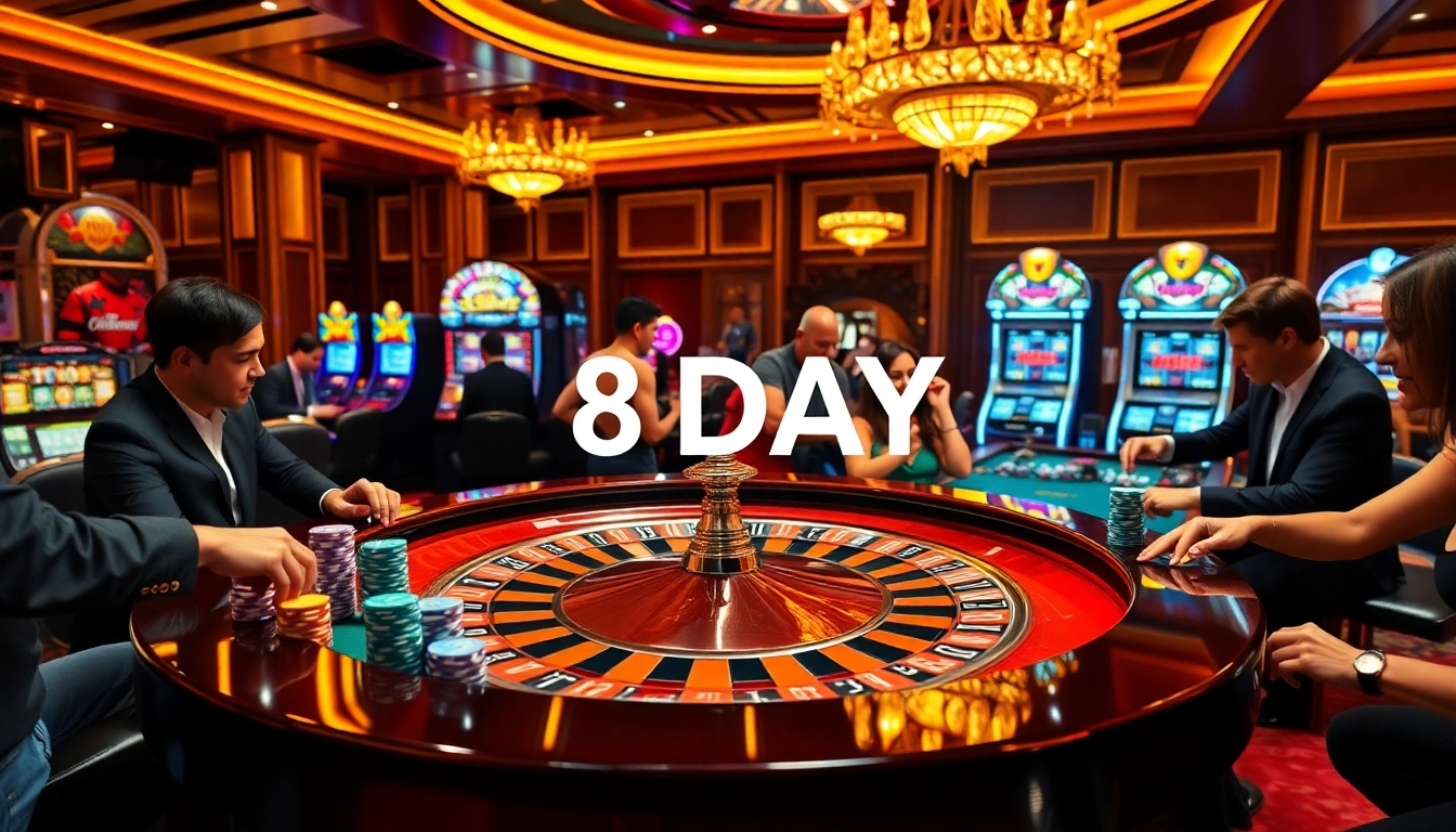 Experience the thrill of 8DAY at a luxurious casino with vibrant games and excited players.