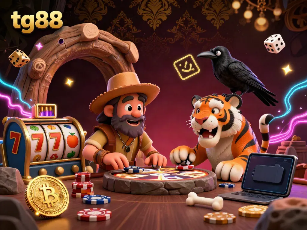 Engage with tg88 in an electrifying prehistoric casino scene featuring animated cavemen and crypto elements.
