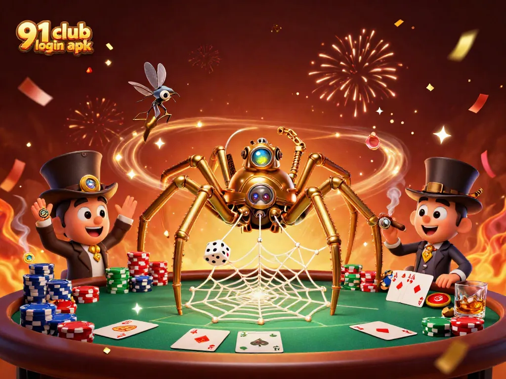 Engage with the dynamic 91 club login apk experience featuring a steampunk spider and poker elements.