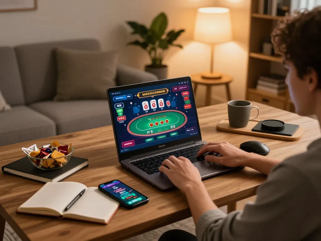 MM88 player enjoying gaming on a laptop with vibrant poker interface in a cozy home setting
