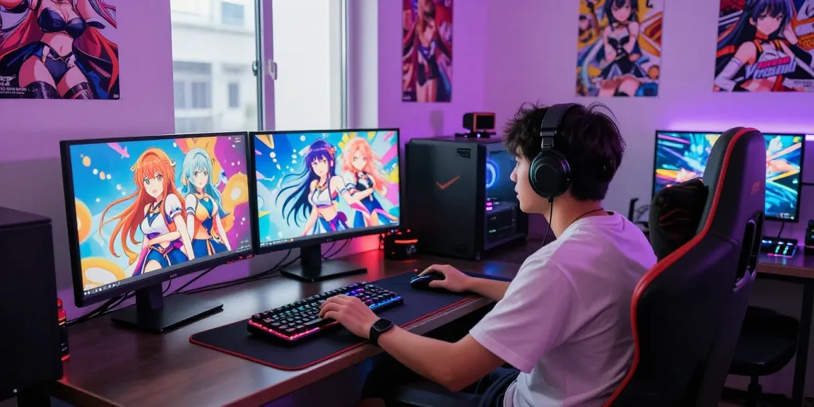 Engaged player experiencing ecchi games online in a vibrant gaming setup with colorful visuals and gaming peripherals.