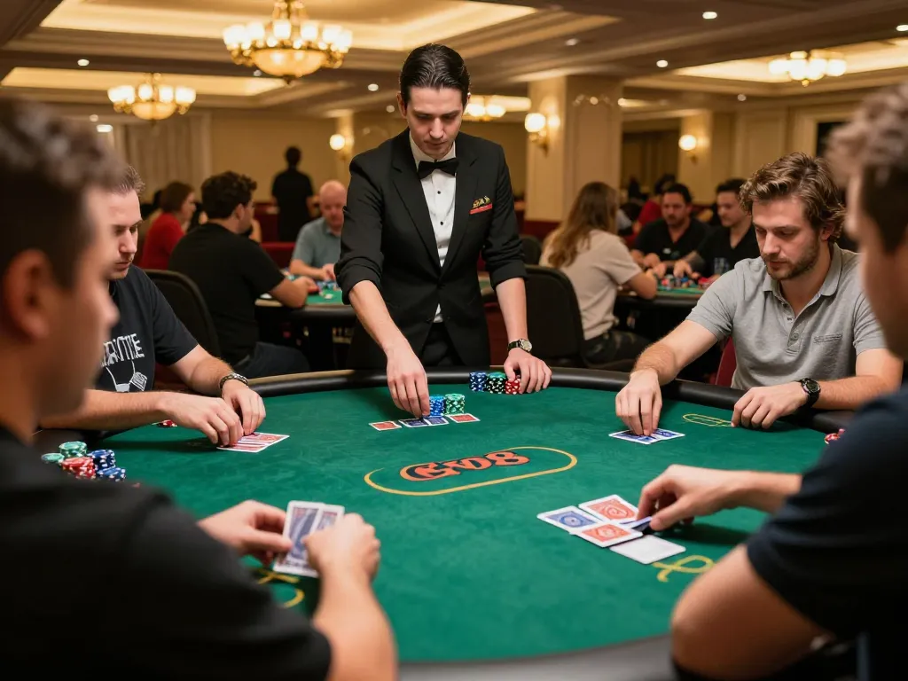 GO8 players intensely strategizing their next move during an exciting poker game in a luxurious casino