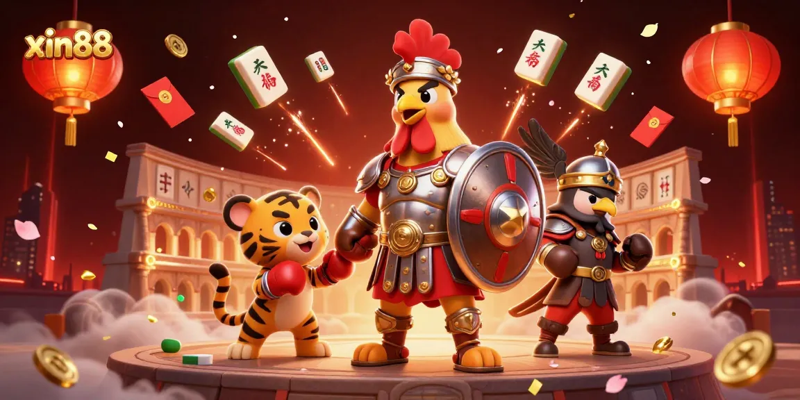 Engage with xin88's 3D illustrated casino atmosphere featuring a gladiator rooster amidst festive gaming elements.