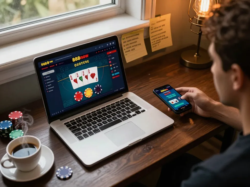Engaging scene of 888now đăng nhập on a laptop and smartphone, illustrating the online gaming experience.