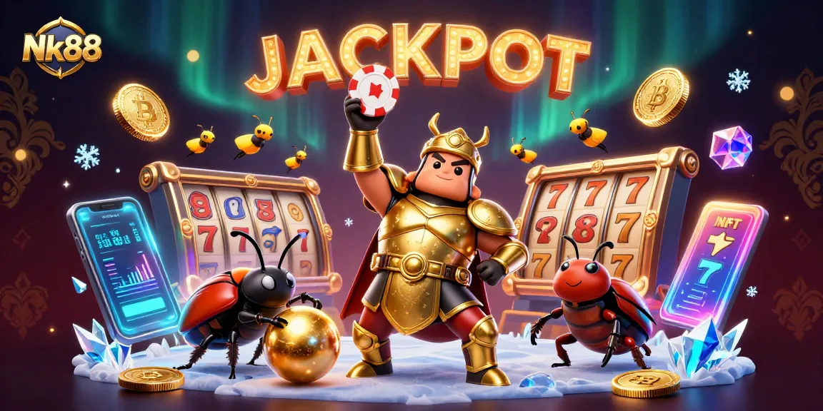 Experience the thrill of Nk88 as a heroic beetle celebrates a jackpot win in a vibrant casino scene.