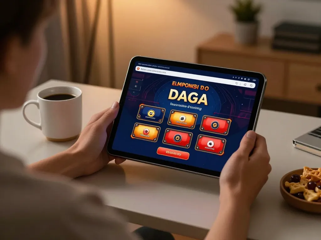 Daga online gaming interface displayed on a tablet during cozy home setup, showcasing responsible gambling.