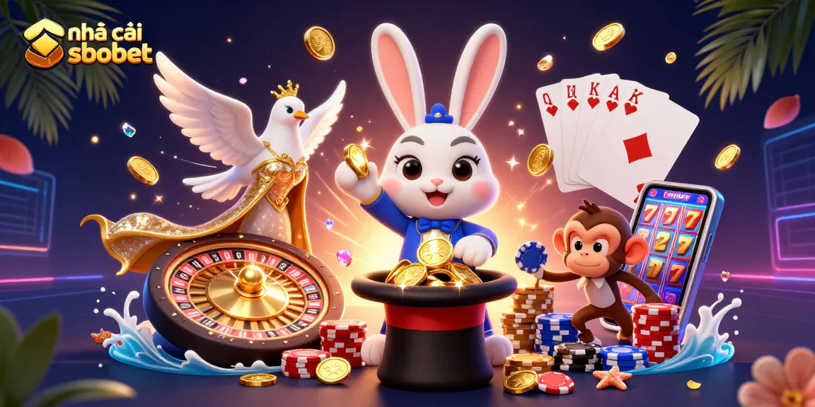 Experience the magic of nhà cái sbobet with cartoon characters amid vibrant casino elements.