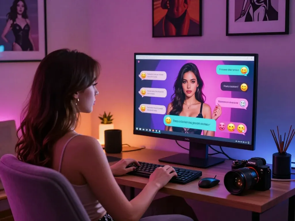 Engaging AI porn chat session showing a user immersed in vibrant digital conversation with virtual character, highlighting modern adult entertainment.