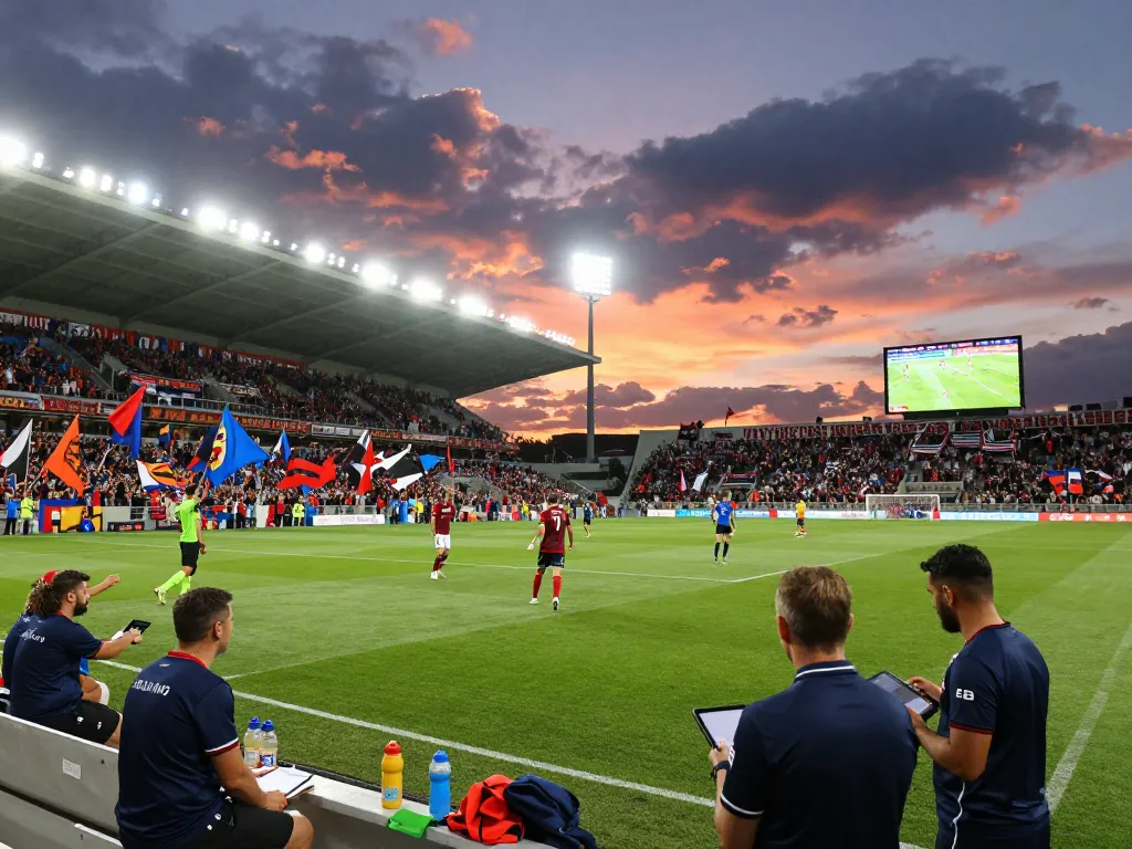 Exciting football action scene at a stadium with fans and players during a match, showcasing ฟุตบอล spirit.