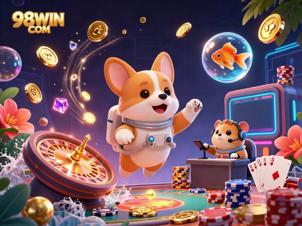 Experience the thrilling 98WIN COM casino world with a cute astronaut corgi, vibrant game elements, and dynamic gameplay.