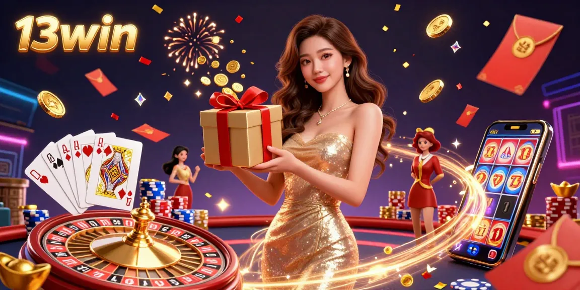 Win big with 13win in a festive Lunar New Year casino scene featuring golden coins and vibrant game elements.