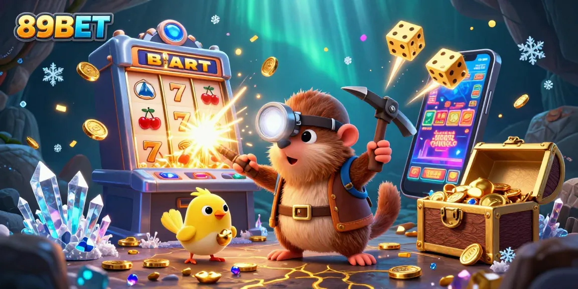 Engage in thrilling gaming with 89BET as a cartoon mole and canary explore a vibrant cave full of treasures.