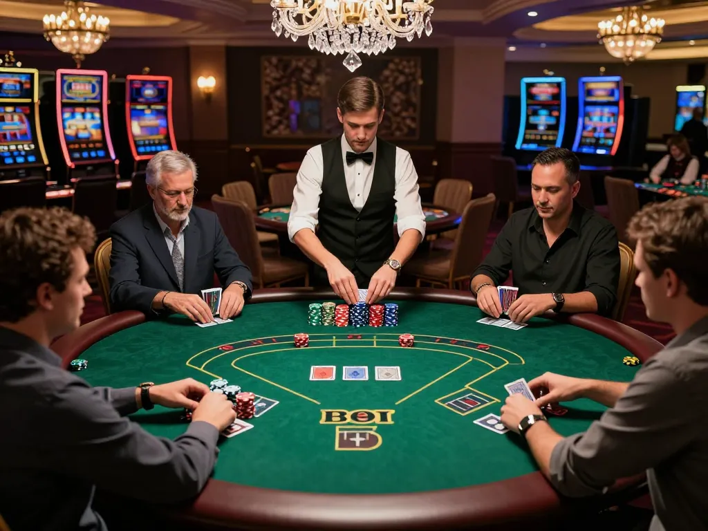 Engaging poker players at MB66 casino table, showcasing strategic gameplay with colorful chips and cards.