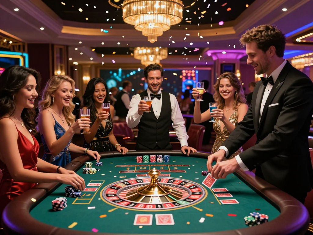 Group celebrating a win at KOMBET168 roulette table in a lively casino.