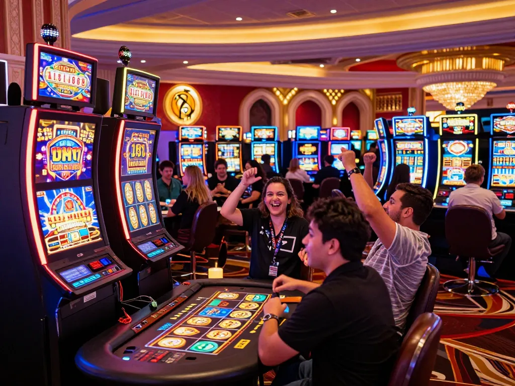 Players engaging in lively gameplay at 789clubgo casino, celebrating wins amid vibrant slot machines