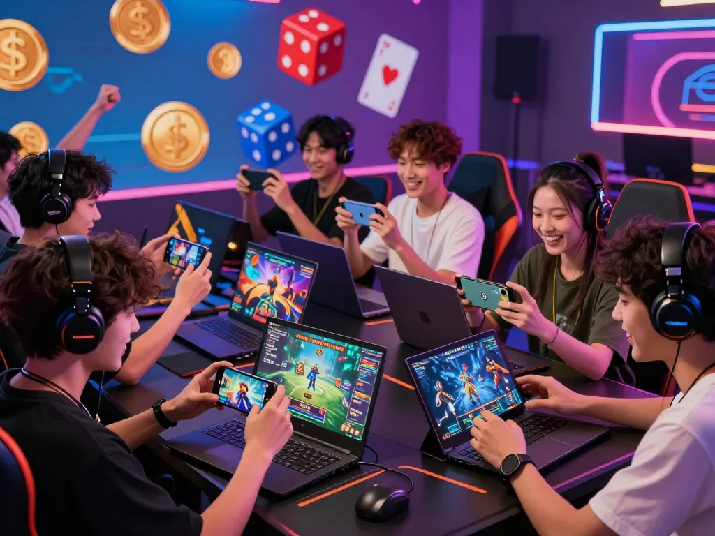 Players enjoying Go88's diverse gaming experience on laptops and smartphones in a lively digital environment.