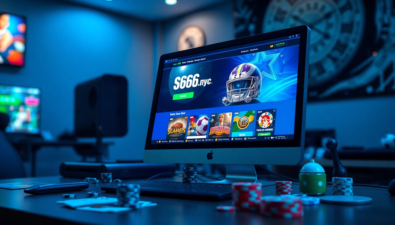 S666.nyc showcasing a modern online gaming environment with vibrant visuals, poker chips, and a sleek computer.