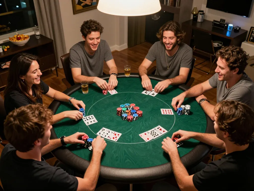 Engaged players strategizing during a home poker night at tr88, showcasing chips and cards in a vibrant atmosphere.