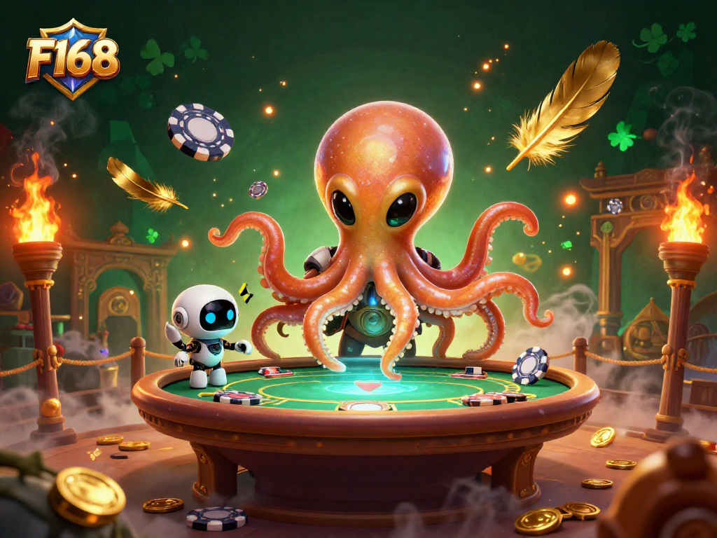 F168 enhances the gaming experience with an alien octopus and poker action in a rich casino scene.