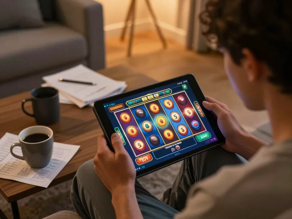 Engaging in a thrilling Bay789 slot game from the comfort of home, showcasing responsible online gambling.