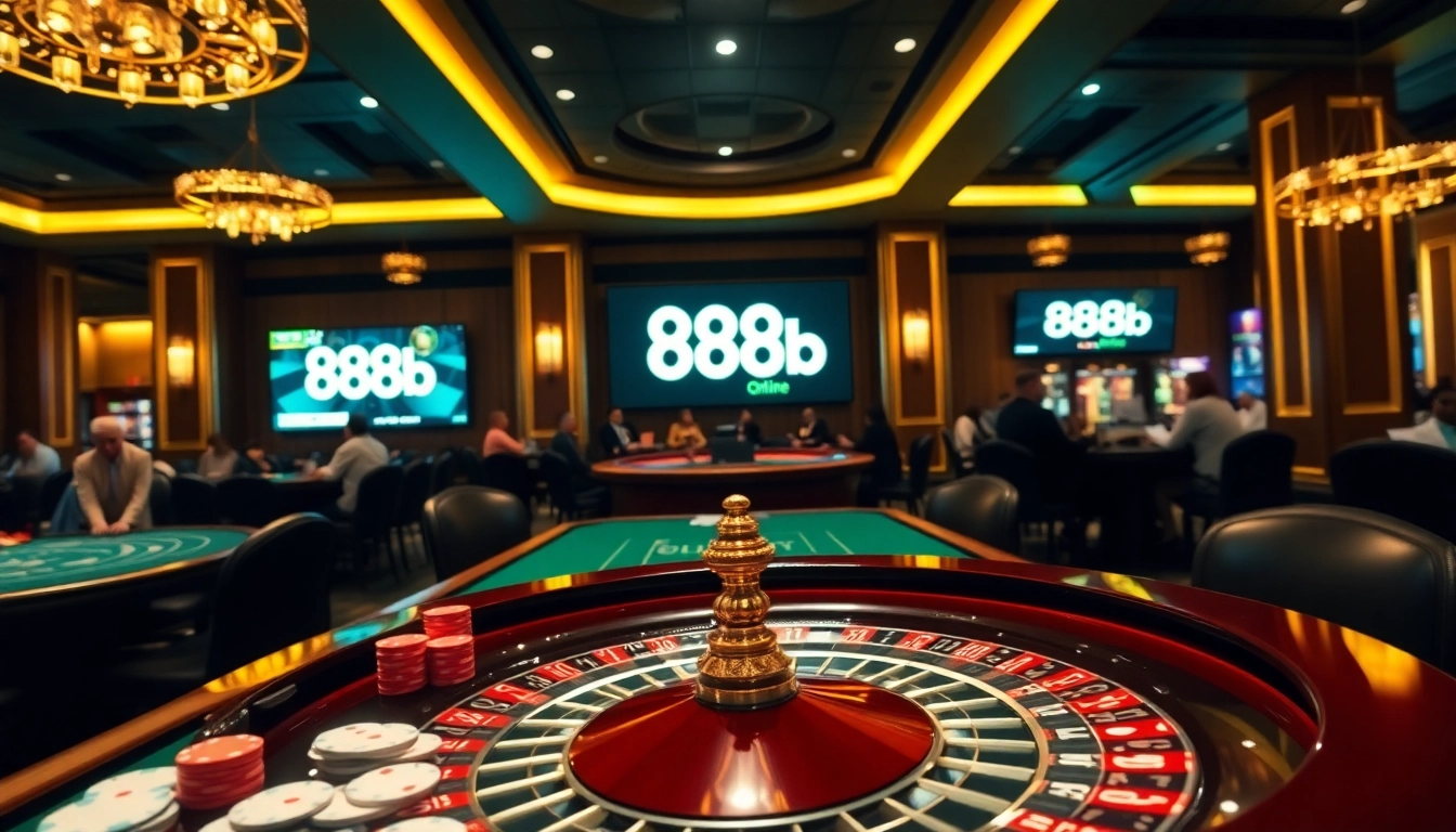 Exciting gambling scene showcasing 888b casino action with poker chips and roulette wheel.