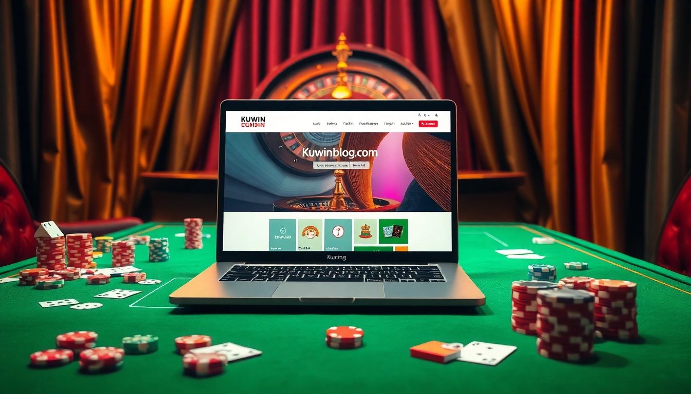 Exciting gambling scene featuring kuwinblog.com logo on a laptop with casino elements.