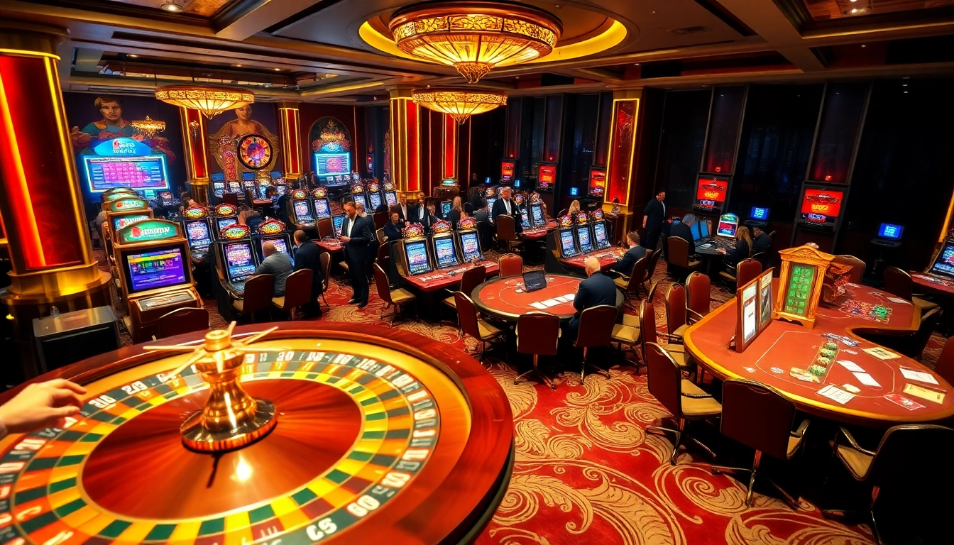 Fun 88 players engaging at a lively casino roulette table with vibrant slot machines.