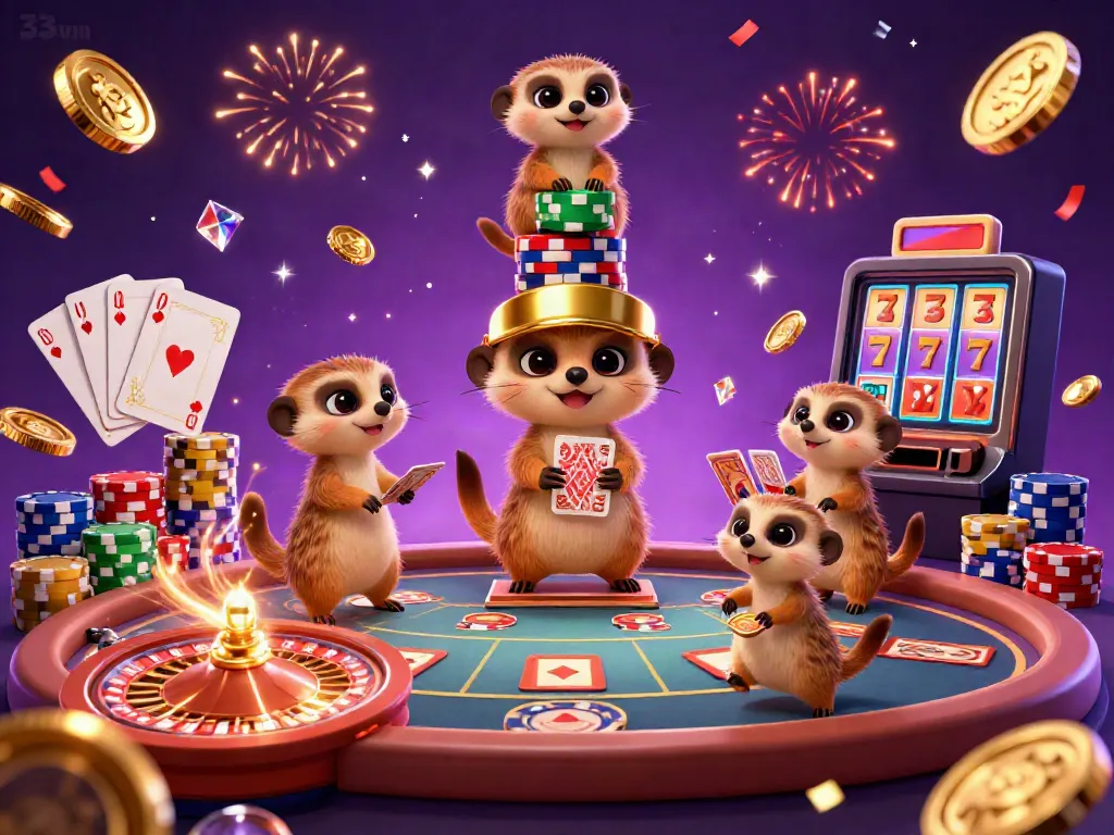 Experience the lively casino action at 33win with meerkats running games, dazzling gems, and golden coins!