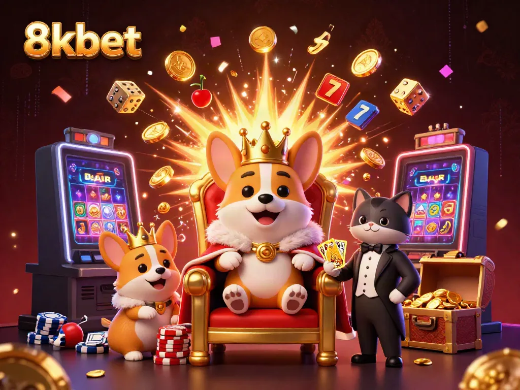 Get ready to win big with the vibrant 8kbet casino experience, featuring a royal corgi on a poker chip throne!